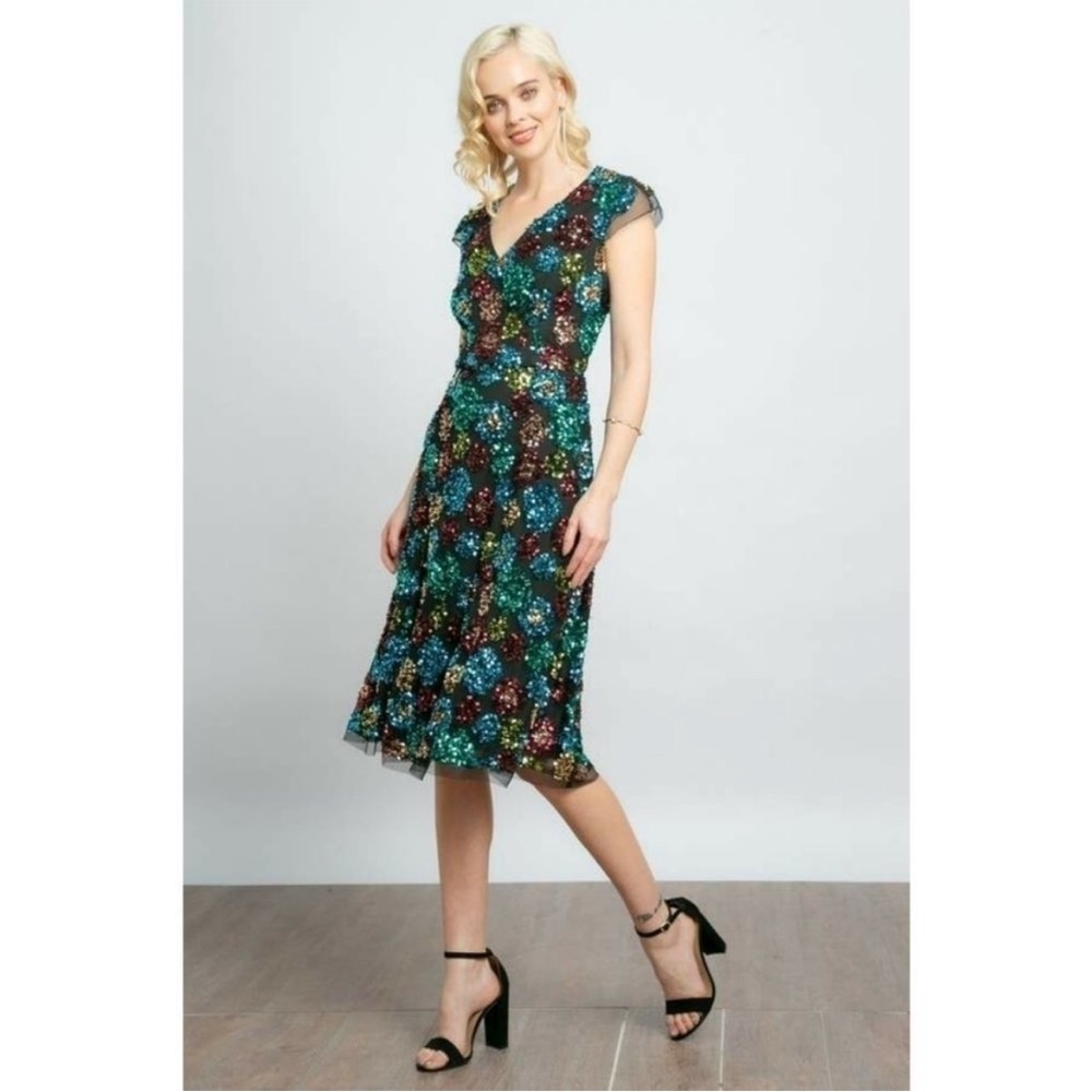 NEW Eva Franco Glenna Sequined Midi Dress Black Blue Green sz 8